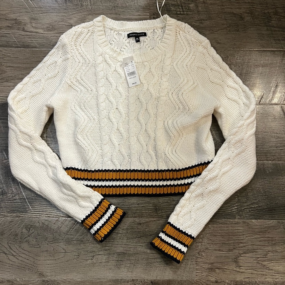 Kendall & Kylie Cream Cable Knit Cropped Sweater with Gold & Black Stripes